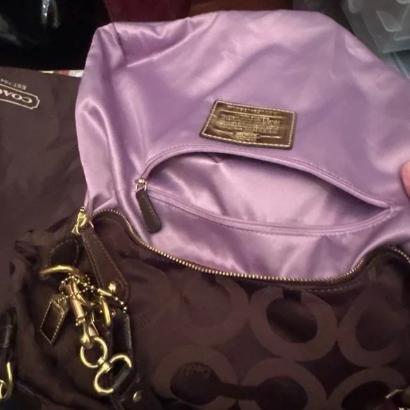 Coach Brown Signature Logo Nylon Shoulder Bag with Gold Hardware - Picture 5 of 7